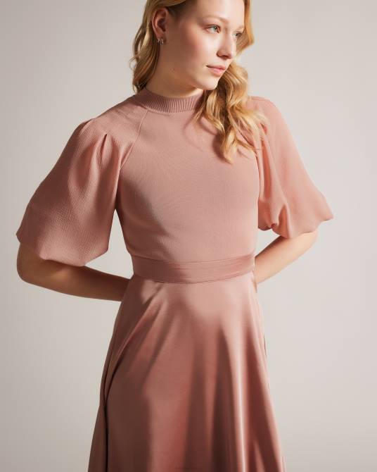 Ted Baker mujer 2ZFP18 ropa vestido midi brontei con corpiño ajustado y mangas abullonadas Rosado oscuro