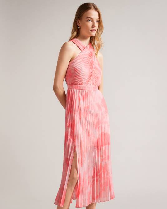 Ted Baker mujer 2ZFP19 ropa vestido midi plisado con parte delantera cruzada mirelia coral