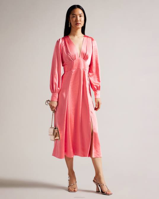 Ted Baker mujer 2ZFP1 ropa vestido midi daniia de satén con manga blusón coral