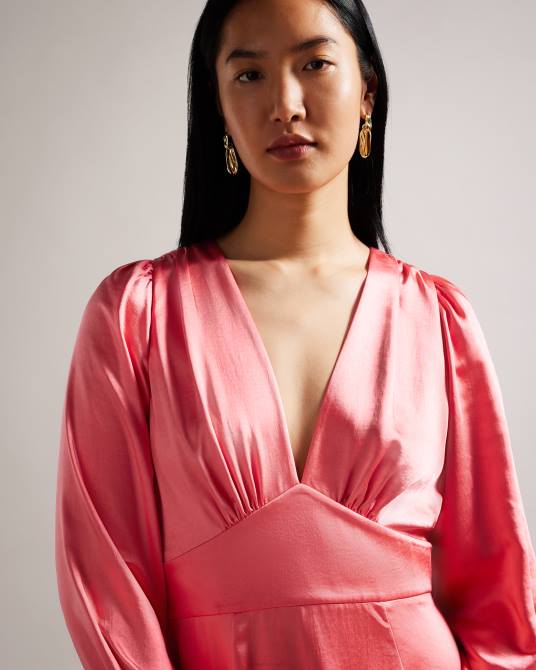 Ted Baker mujer 2ZFP1 ropa vestido midi daniia de satén con manga blusón coral