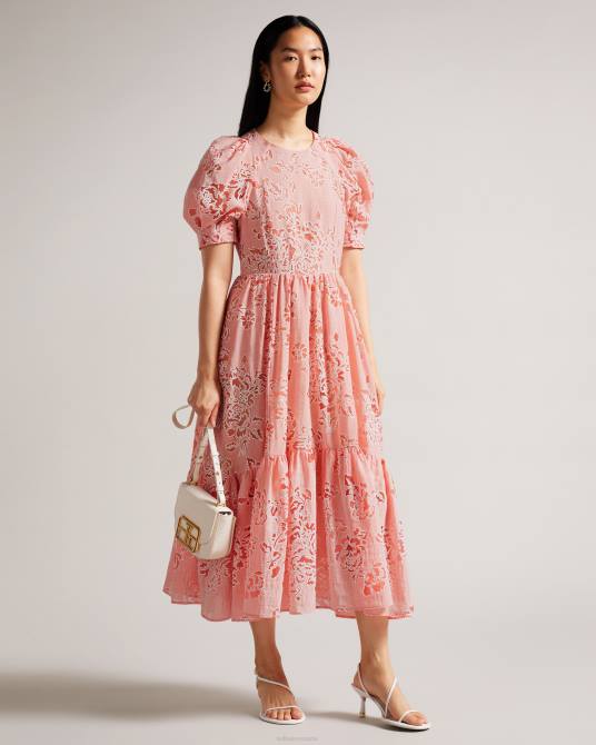 Ted Baker mujer 2ZFP201 ropa vestido midi esthher con mangas abullonadas y capas coral