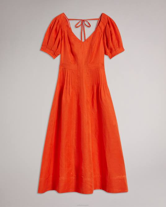 Ted Baker mujer 2ZFP209 ropa Vestido midi entallado y acampanado con mangas abullonadas opalz naranja brillante