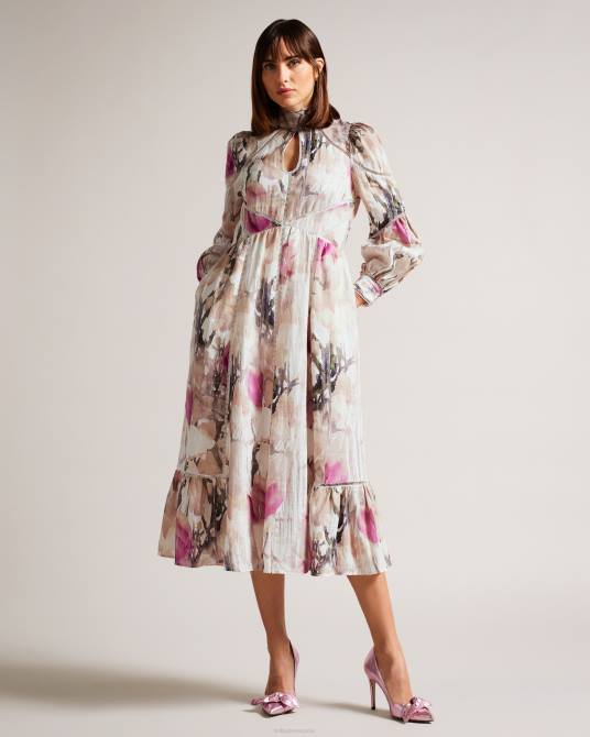 Ted Baker mujer 2ZFP21 ropa vestido midi freisya de encaje floral con aberturas desnudo claro