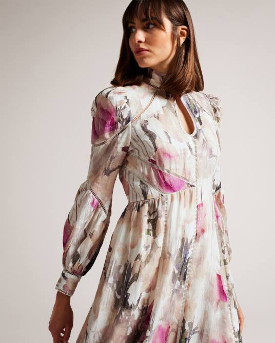 Ted Baker mujer 2ZFP21 ropa vestido midi freisya de encaje floral con aberturas desnudo claro