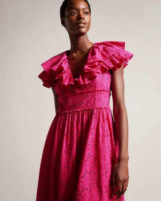 Ted Baker mujer 2ZFP245 ropa vestido veraniego midi con cuello en V y volantes Mirza Rosa brillante