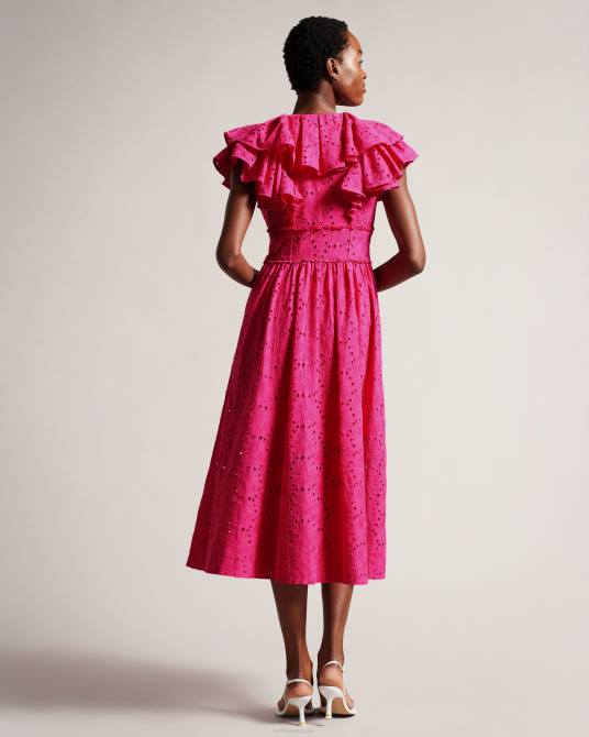 Ted Baker mujer 2ZFP245 ropa vestido veraniego midi con cuello en V y volantes Mirza Rosa brillante