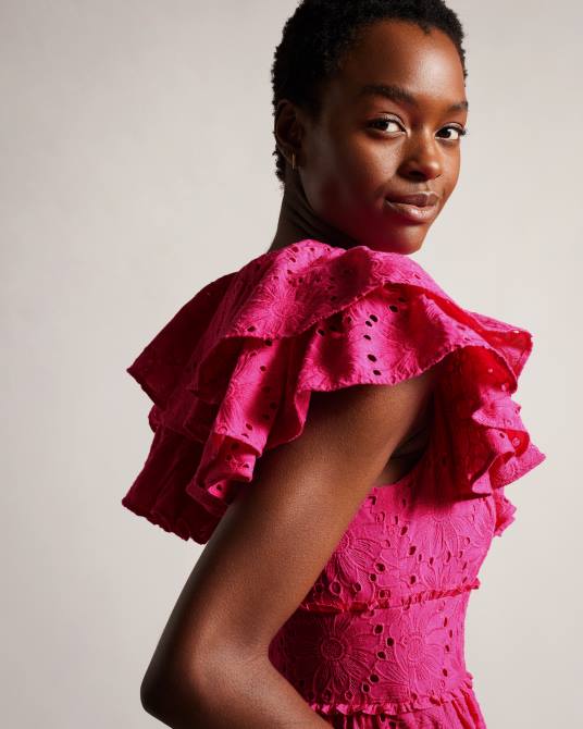 Ted Baker mujer 2ZFP245 ropa vestido veraniego midi con cuello en V y volantes Mirza Rosa brillante