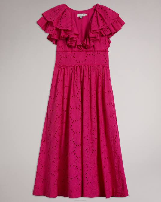 Ted Baker mujer 2ZFP245 ropa vestido veraniego midi con cuello en V y volantes Mirza Rosa brillante