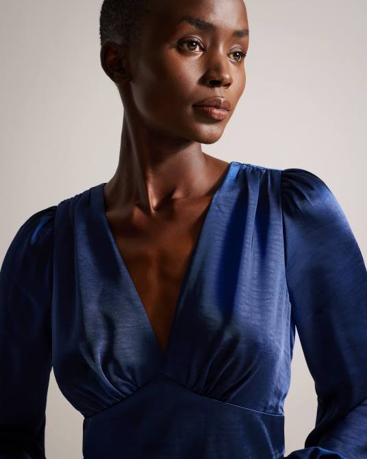 Ted Baker mujer 2ZFP29 ropa vestido midi daniia de satén con manga blusón azul oscuro