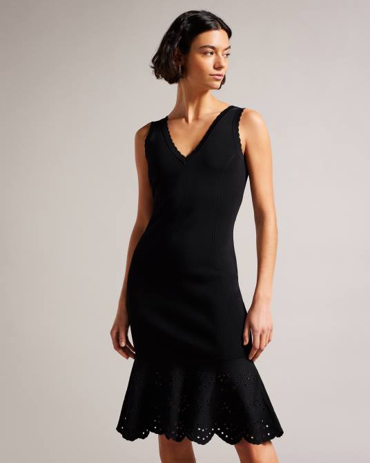 Ted Baker mujer 2ZFP323 ropa vestido midi de punto con bordados juliann negro