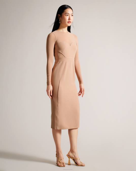 Ted Baker mujer 2ZFP359 ropa Vestido midi ajustado con mangas transparentes de ivylou desnudo