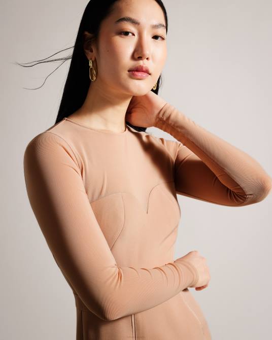 Ted Baker mujer 2ZFP359 ropa Vestido midi ajustado con mangas transparentes de ivylou desnudo