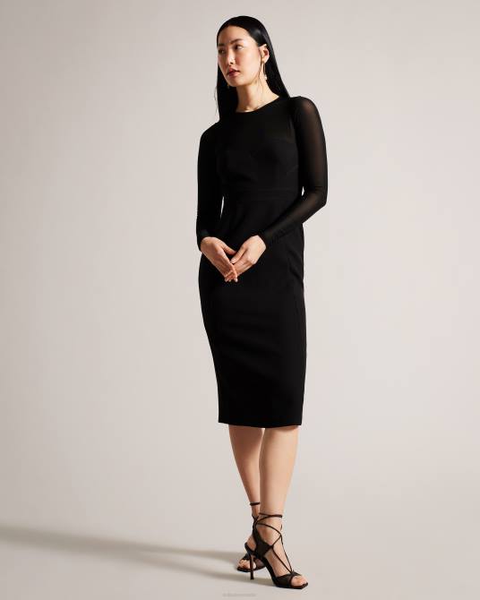 Ted Baker mujer 2ZFP417 ropa Vestido midi ajustado con mangas transparentes de ivylou negro