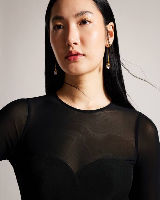 Ted Baker mujer 2ZFP417 ropa Vestido midi ajustado con mangas transparentes de ivylou negro