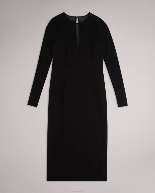 Ted Baker mujer 2ZFP417 ropa Vestido midi ajustado con mangas transparentes de ivylou negro