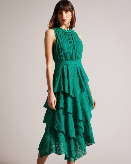 Ted Baker mujer 2ZFP464 ropa Vestido midi bordado Floryah con falda escalonada verde