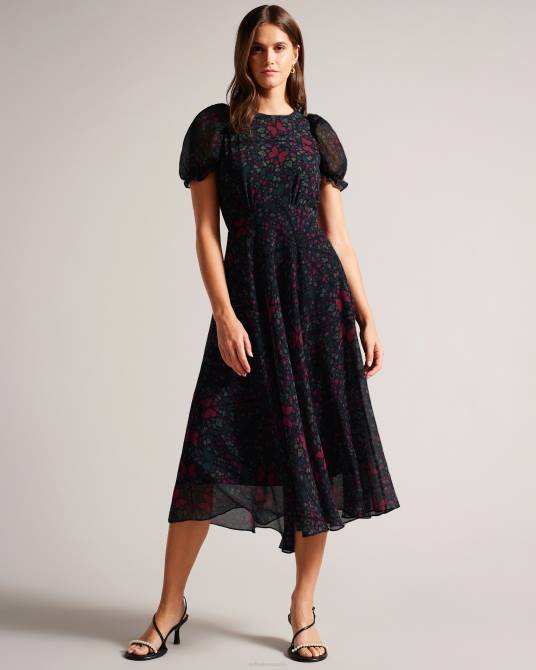 Ted Baker mujer 2ZFP60 ropa vestido midi acampanado con estampado de mariposas daniaa negro