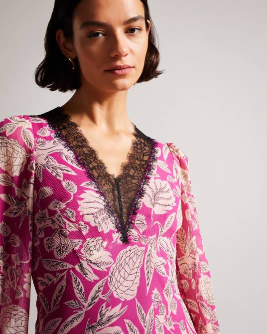 Ted Baker mujer 2ZFP66 ropa Vestido midi de manga larga con ribete de encaje izobele Rosa brillante