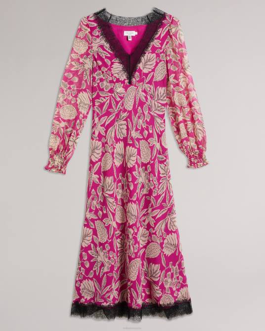 Ted Baker mujer 2ZFP66 ropa Vestido midi de manga larga con ribete de encaje izobele Rosa brillante