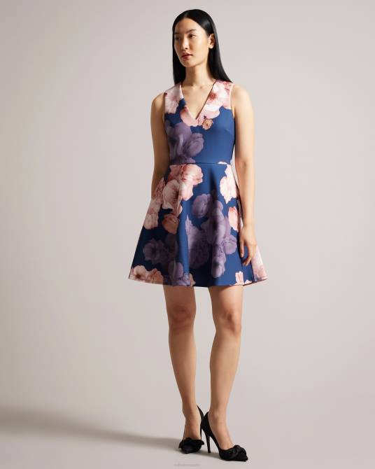 Ted Baker mujer 2ZFP69 ropa vestido skater estampado con cuello en V emleey azul oscuro
